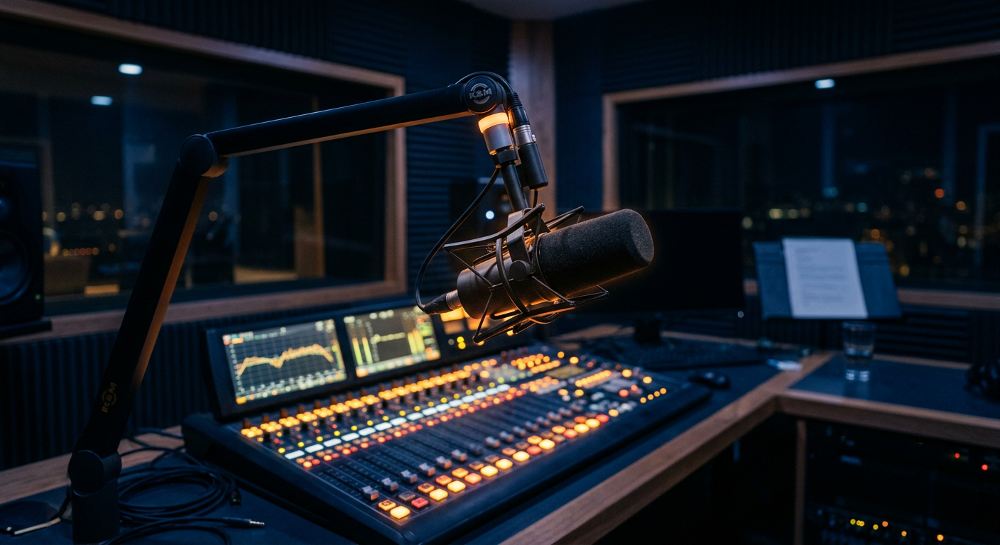 Een dj-studio met een microfoon en mengpaneel, sfeervol verlicht in de nacht
