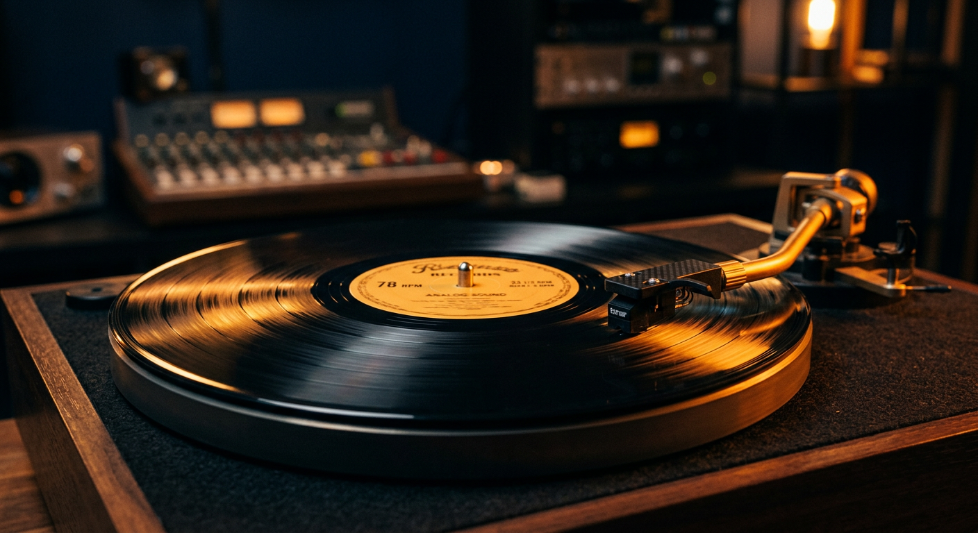 Close-up van een vinylplaat die draait op een platenspeler met warm licht